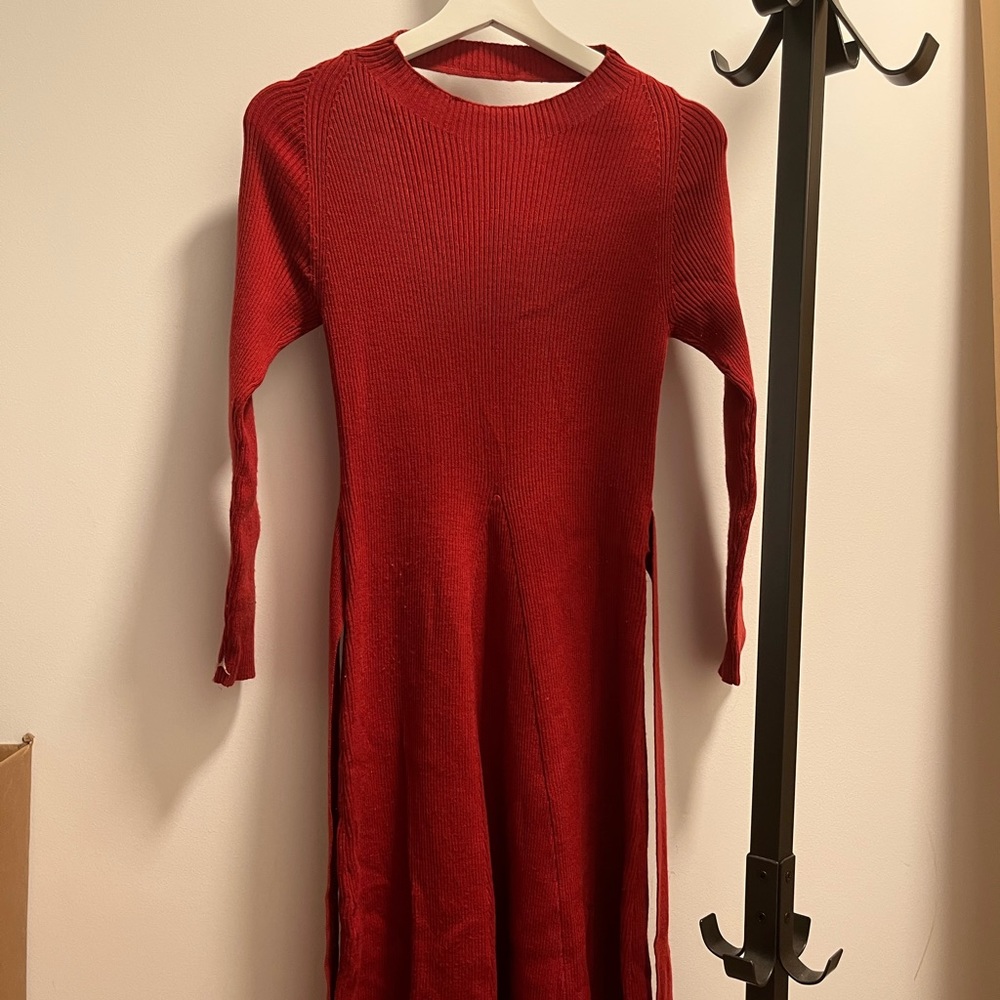 Ankle length knit dress red backless with stripes